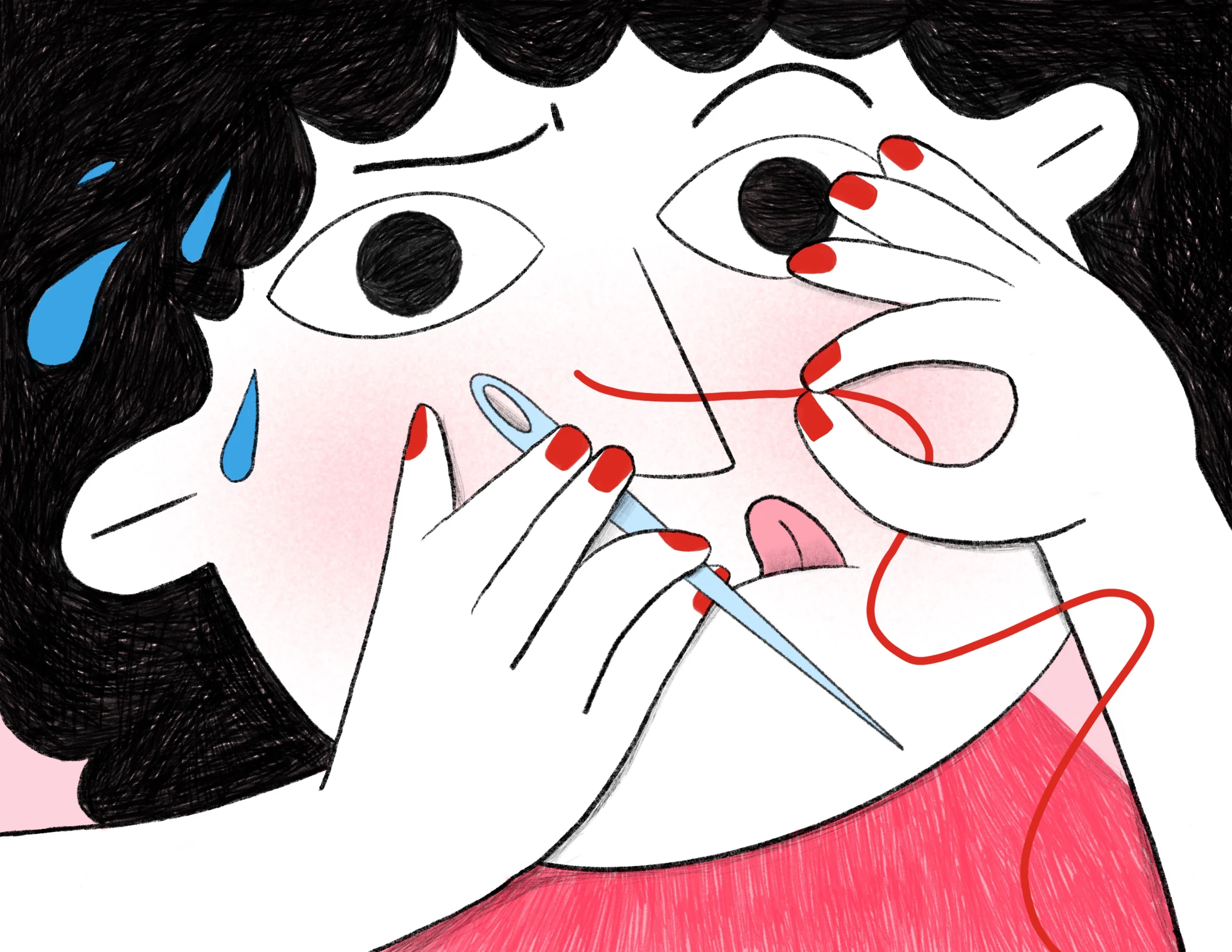 Ilustracija provlačenja konca kroz ušicu igle